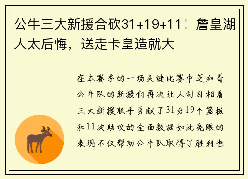 公牛三大新援合砍31+19+11！詹皇湖人太后悔，送走卡皇造就大