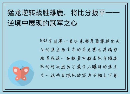 猛龙逆转战胜雄鹿，将比分扳平——逆境中展现的冠军之心