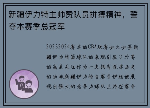 新疆伊力特主帅赞队员拼搏精神，誓夺本赛季总冠军