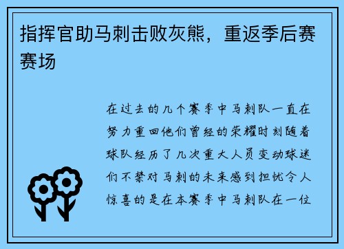 指挥官助马刺击败灰熊，重返季后赛赛场