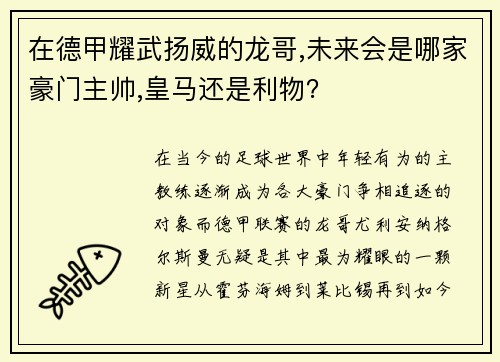 在德甲耀武扬威的龙哥,未来会是哪家豪门主帅,皇马还是利物？