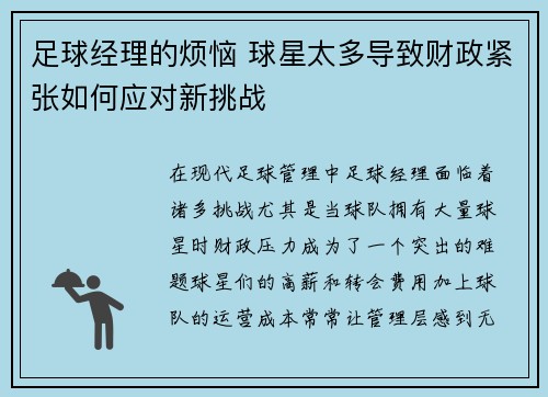 足球经理的烦恼 球星太多导致财政紧张如何应对新挑战