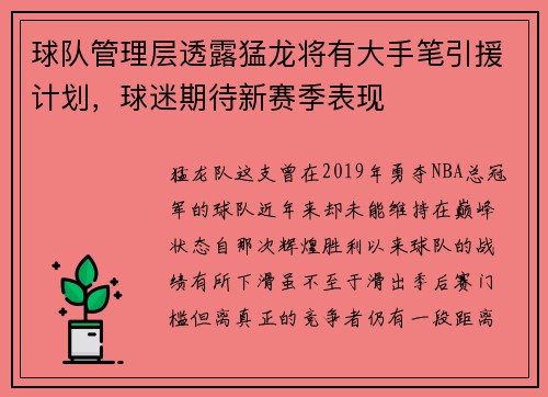 球队管理层透露猛龙将有大手笔引援计划，球迷期待新赛季表现